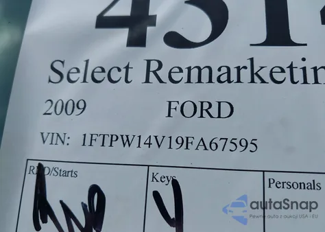 2009 Ford F-150 Fx4/King Ranch/Lariat/Platinum/Xl/Xlt из США, поврежденный, VIN 1FTPW14V19FA67595